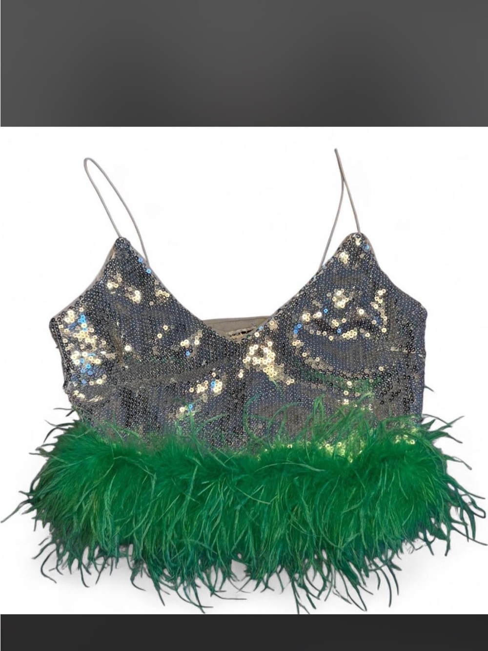 Silver Sequin Crop Top with Green Feather Trim